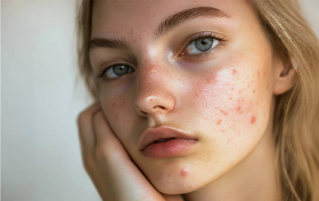 Portrait retouching helps a girl with acne scars and slight redness on her skin to improve skin imperfections and adjust facial contours, providing a perfect look.